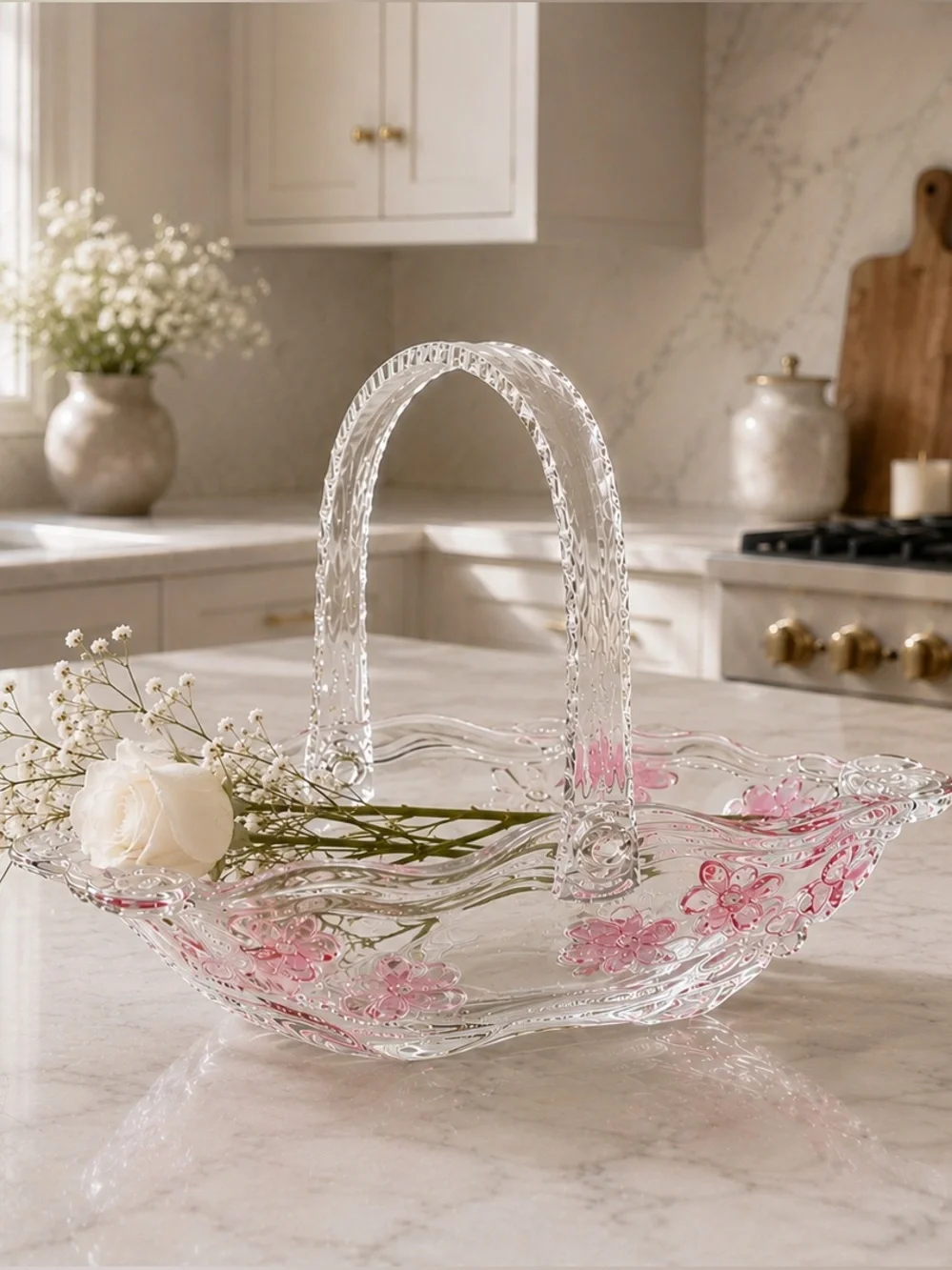 Vintage Mikasa Floral Dance Pink Frost Glass Basket Germany 10